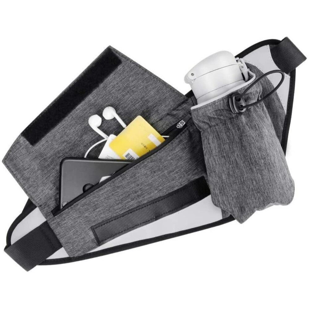 Running Belt Waist Fanny Pack w/ Water Bottle Holder & Reflective Strips - GRAY